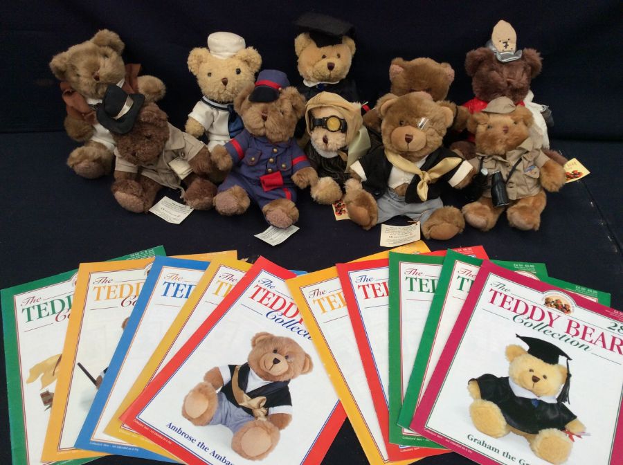 Collection of twelve The Teddy Bear Collection bears with magazines.