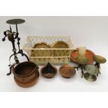 A collection of metal ware to include; an Arts and Crafts hand hammered copper three footed bowl,