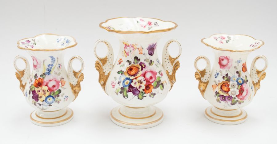 A Garniture of three hand painted Coalport vases c.1825, the largest with crane bill gilded handles, - Image 2 of 3