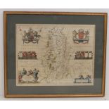 Early 17th Century Johannes Blaeu double-page map of Nottinghanshire , hand-coloured engraved map,