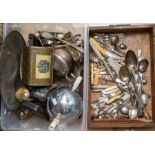 A collection of silver plated items including tea pots, tray, spoons, dish with a box of plated