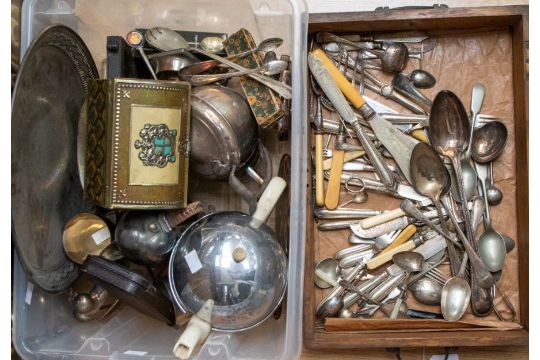 A collection of silver plated items including tea pots, tray, spoons, dish with a box of plated - Image 1 of 3