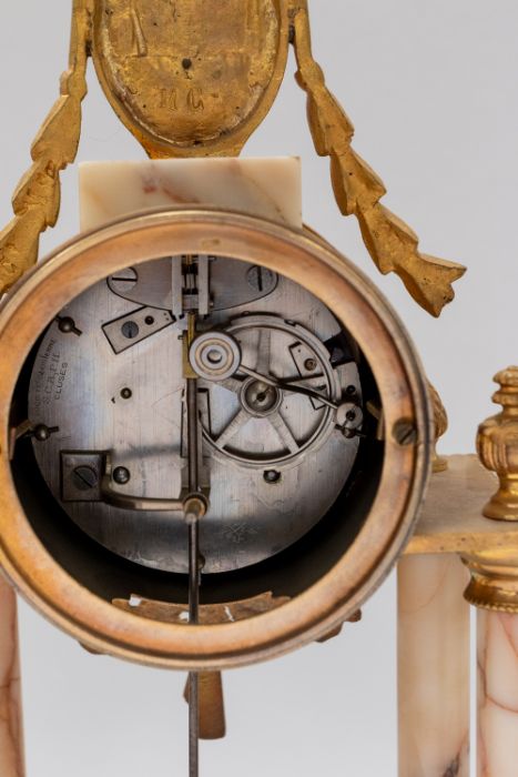 An early to mid 20th century ormolu style clock garniture consisting elaborate brass cased marble - Image 3 of 3