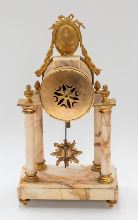 An early to mid 20th century ormolu style clock garniture consisting elaborate brass cased marble - Image 2 of 3