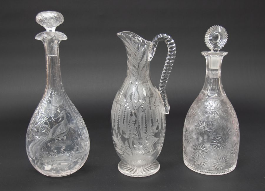 ***WITHDRAWN*** Three 19th Century etched glass decanters with peacock foliage and flower detail, - Image 2 of 2