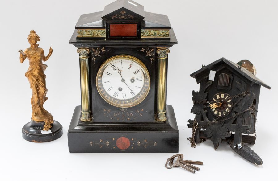 Early 20th Century French Scutze clock, mid 20th Century cuckoo clock and spelter figure clock (