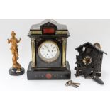 Early 20th Century French Scutze clock, mid 20th Century cuckoo clock and spelter figure clock (