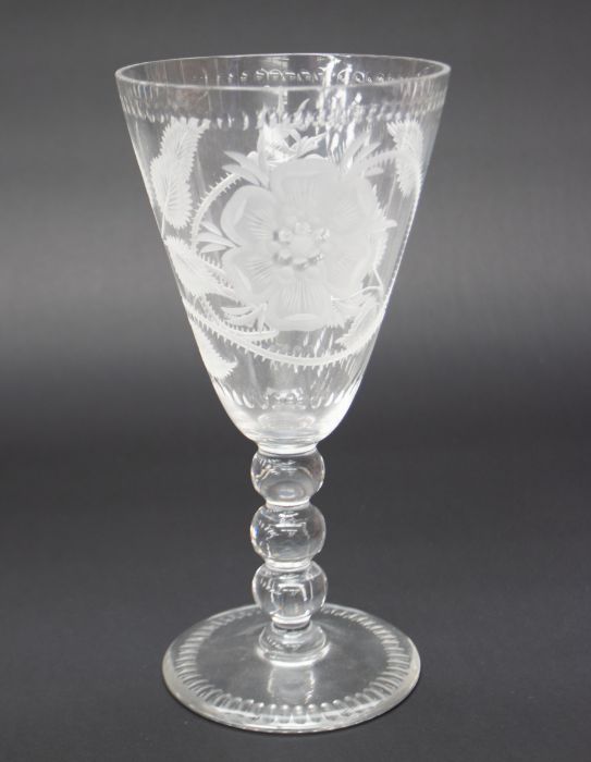 Large 19th Century wine glass with bobbin stem and etched rose and thorn detail - Image 2 of 2