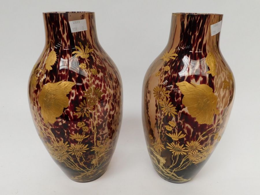 Pair of 19th Century French enameled glass vases, attributed to legras with gilt enameled detail