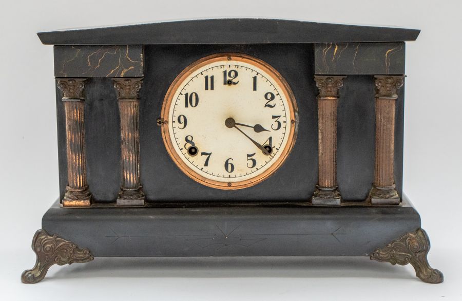 Large pine wall clock and an early 20th century mantel clock  CONDITION: Wall clock disposed of