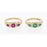 A pair of similar stone set 9ct gold rings, comprising a ruby and diamond three stone ring, set with