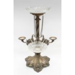 A large silver plated centrepiece with three arms (one with glass bowl) and centre stem with