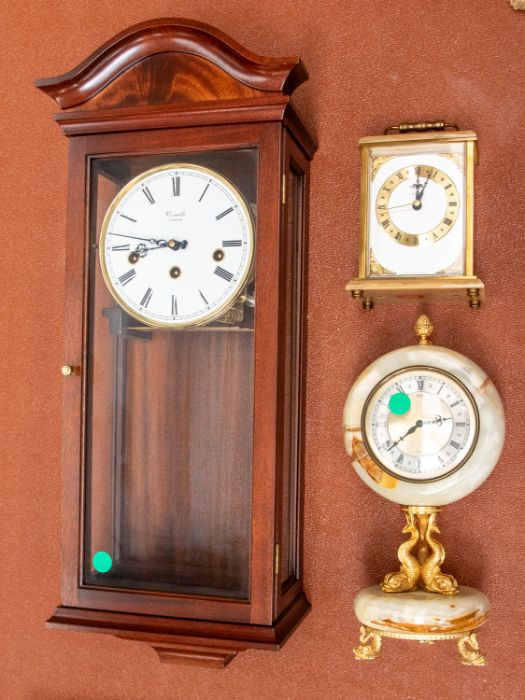 A small collection of clocks to include; a modern Comitti of London wooden cased wall clock with