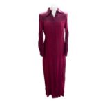 An iconic Ossie Clark moss crepe maxi dress in burgundy, purchased in 1969, with satin yoke and