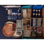 Collection of boxed and cased flat wares, tray, plated wares and copper