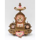 P H Mourey gilt metal and Sevres style porcelain mantle clock, AF to one panel, makers mark to back