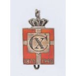 Georg Jensen: a Danish silver and enamel bar Badge, with enamelled Danish flag, central CX for