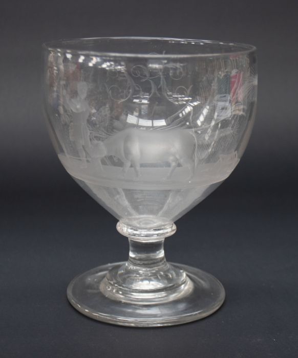 Large 19th Century wine glass with etched decoration depicting slaughter of a cow and harvest - Image 2 of 2