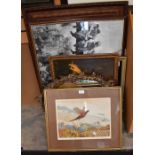 A collection of framed prints and mid 20th century wall mirror