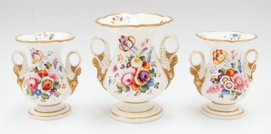 A Garniture of three hand painted Coalport vases c.1825, the largest with crane bill gilded handles,