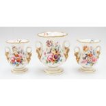 A Garniture of three hand painted Coalport vases c.1825, the largest with crane bill gilded handles,