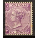GB QV 1870 6d mauve - without hyphen surface printed plate 9 FA- mounted mint. Slight foxing to