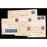 Packet containing 6 early GB QV envelopes and one on piece. The on piece has strip of 4 2d blue,