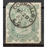 GB QV 1878 10/- greyish green, large anchor watermark, clean stamp with Cornhill cancellation GF- NW