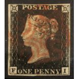 GB - 1840 Penny Black , - QV Line Engraved - FI - 4 Margins bearing Red MX. Nice item