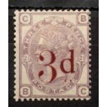 GB QV 1883 3d with 3d surcharge surface printed plate 21 BC- mounted mint