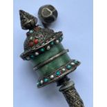 A 19th cent Chinese prayer wheel mounted with jade and bone handle