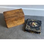 A 19th century olive wood stationary box and a paper Mache box. (2)