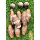 A set of 19th cent wooden bar skittles and hardwood turned balls