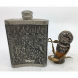 An Indian white metal flask together with an Indian white metal seal. (2)