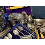 A varied collection of silver plated items to include 400g of silver , spoons, candlesticks, cased