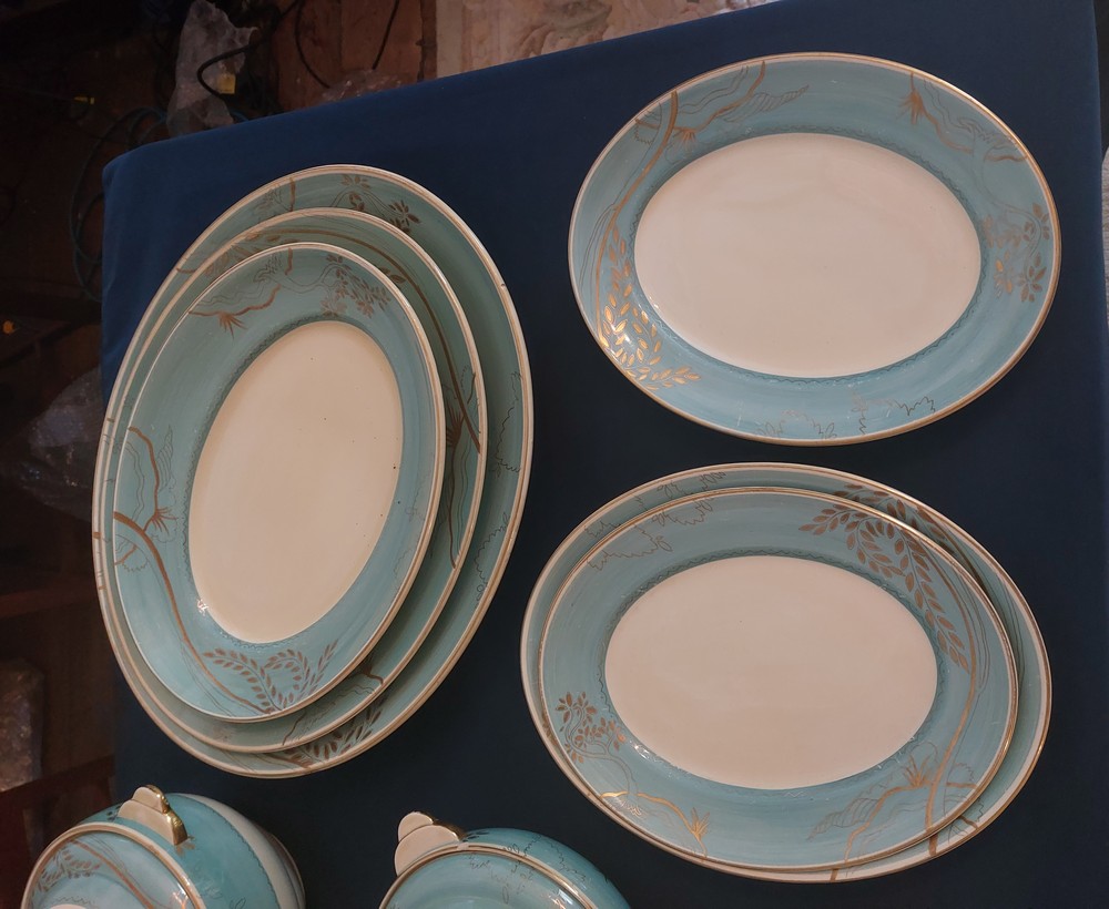 A large blue banded with gilt leaves Reverie dinner service by Clarice Cliff C1937, impressed date - Image 4 of 14