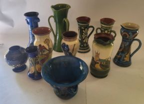 Collection of 11 Torquay vases to include Allervale ,Watcombe and others , tallest 26cm high Crack