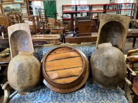 4 wooden dough bowls. two large , two medium sized. trough shaped round bottomed bread kneading