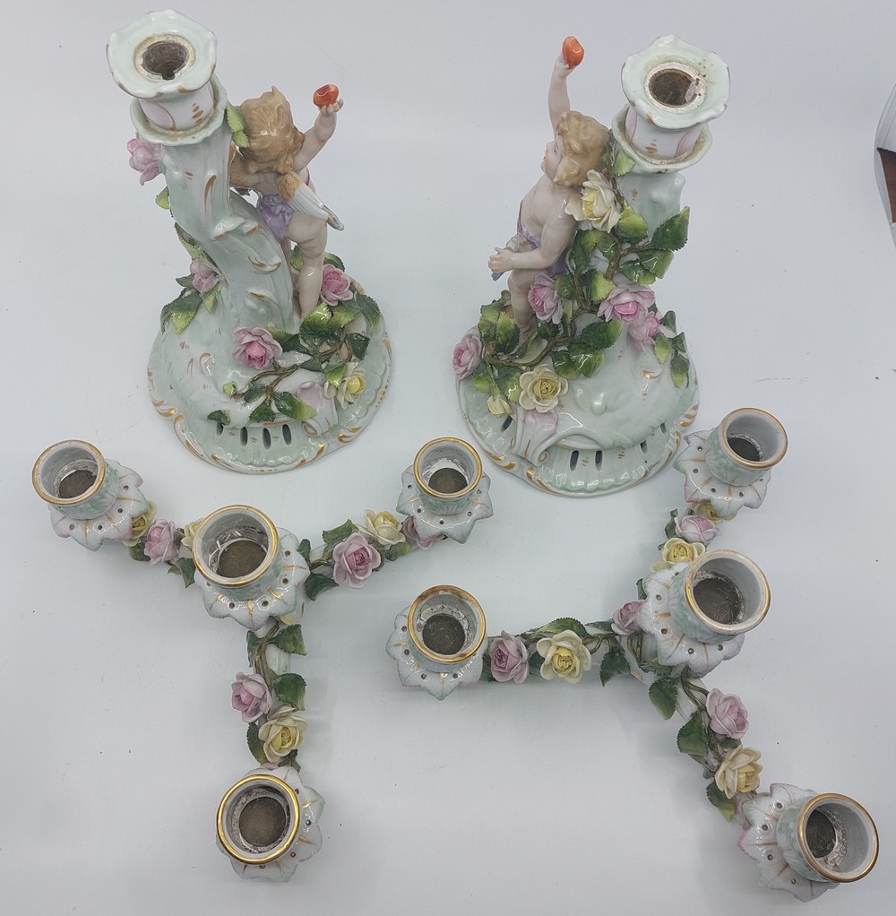 A pair of early 20th century German porcelain figural and flower encrusted candelabra, each with - Image 8 of 12