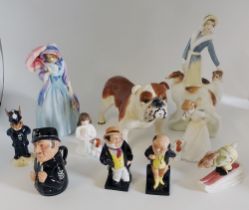 A collection of Royal Doulton figures to include Mr Pickwick, Bunnykins police man DB64, Toby Jug,