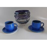 an etched frosted  glass sundae set of bowl and 6 dishes, fruit bowl stands 10cm high. 2 powder blue