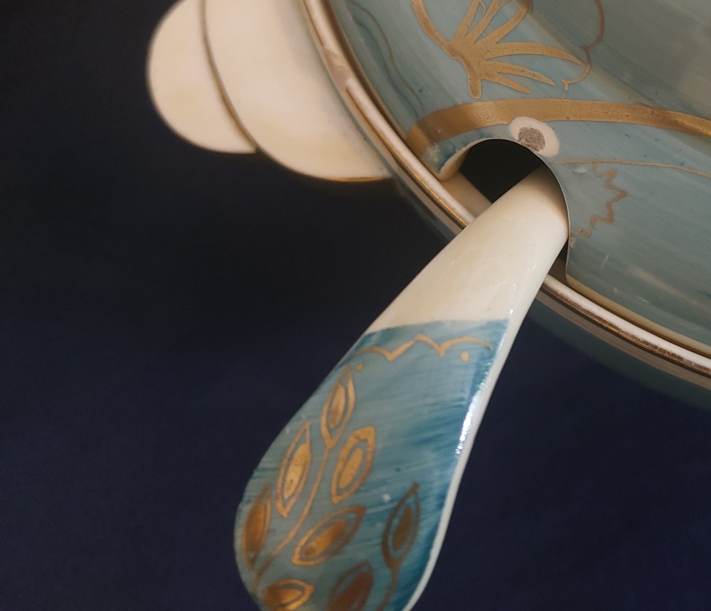 A large blue banded with gilt leaves Reverie dinner service by Clarice Cliff C1937, impressed date - Image 10 of 14