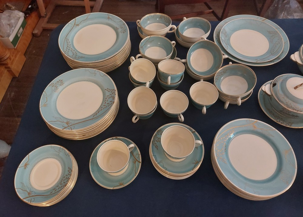 A large blue banded with gilt leaves Reverie dinner service by Clarice Cliff C1937, impressed date - Image 2 of 14