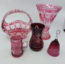 Assorted ruby and cranberry glassware to include two Victorian small bowls with frilled borders,