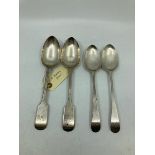 4 silver hallmarked spoons  2 larger table spoons,   2 dated 1783 Georgian desert spoons, weight