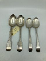4 silver hallmarked spoons  2 larger table spoons,   2 dated 1783 Georgian desert spoons, weight