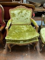 Three reupholstered crushed lime velvet chairs, two with arms (matching pair)  one similar with