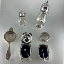 Collection of Silver Hallmarked items including a tea strainer, 2 salts, napkin ring, 2 glass