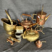 Collection of copper and brass items, spirit kettle, brass kettle copper kettle brass miniature