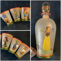 Czechoslovakian glass decanter and 6 shot sized glasses, Snow white and the 7 dwarfs (sneezy is on